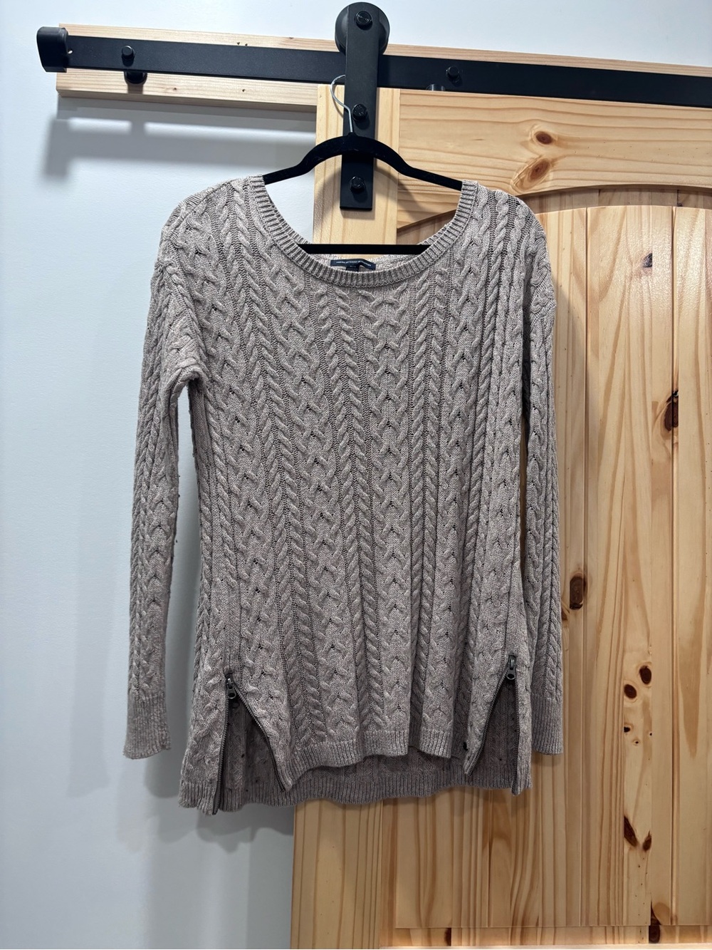 American Eagle Outfitters Cable-Knit Side-Zip Crewneck Sweater - Taupe